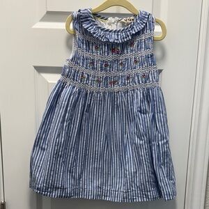 Mini Boden Smocked Bodice Dress Mid Blue Leno Stripe